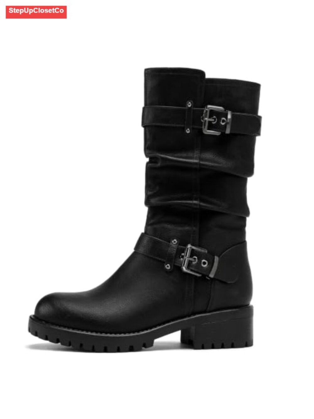 Women's Mid Calf Wide Toe Box Faux Leather Motorcycle Biker Boots Low Heel
